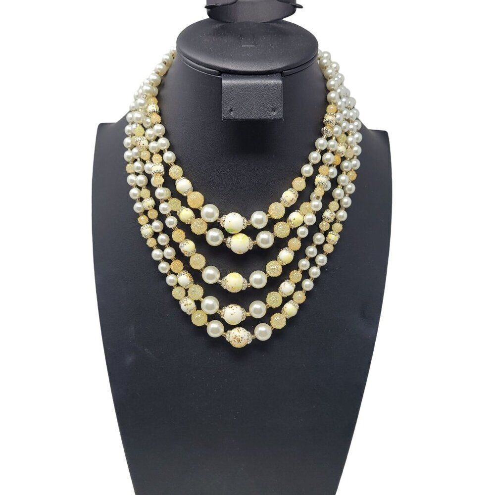 Vtg Japan Signed Faux Pearl Beaded 5 Multi Strand Necklace 18"‎ Princess Layered